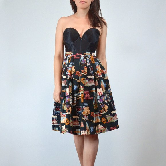 Vintage Retro Inspired Route 66 Novelty Print Pinup Pleated Cotton Skirt, XS - Picture 3 of 7